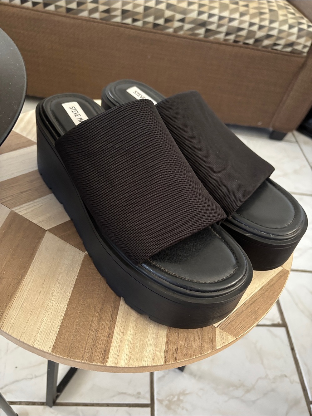 Steve Madden Black Wide-Band Platform Slide Sandals